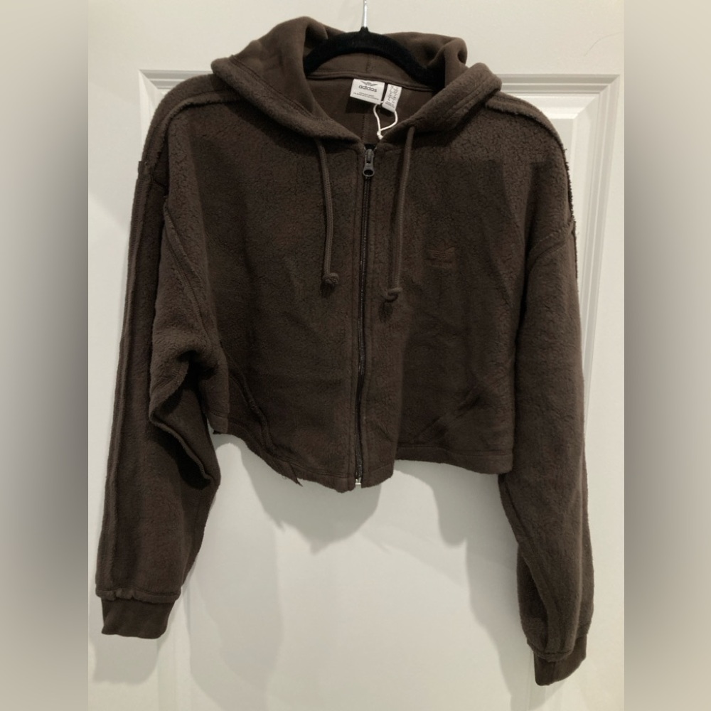 Adidas Oversized Brown Fleece Crop Jacket Zip-up Hoodie